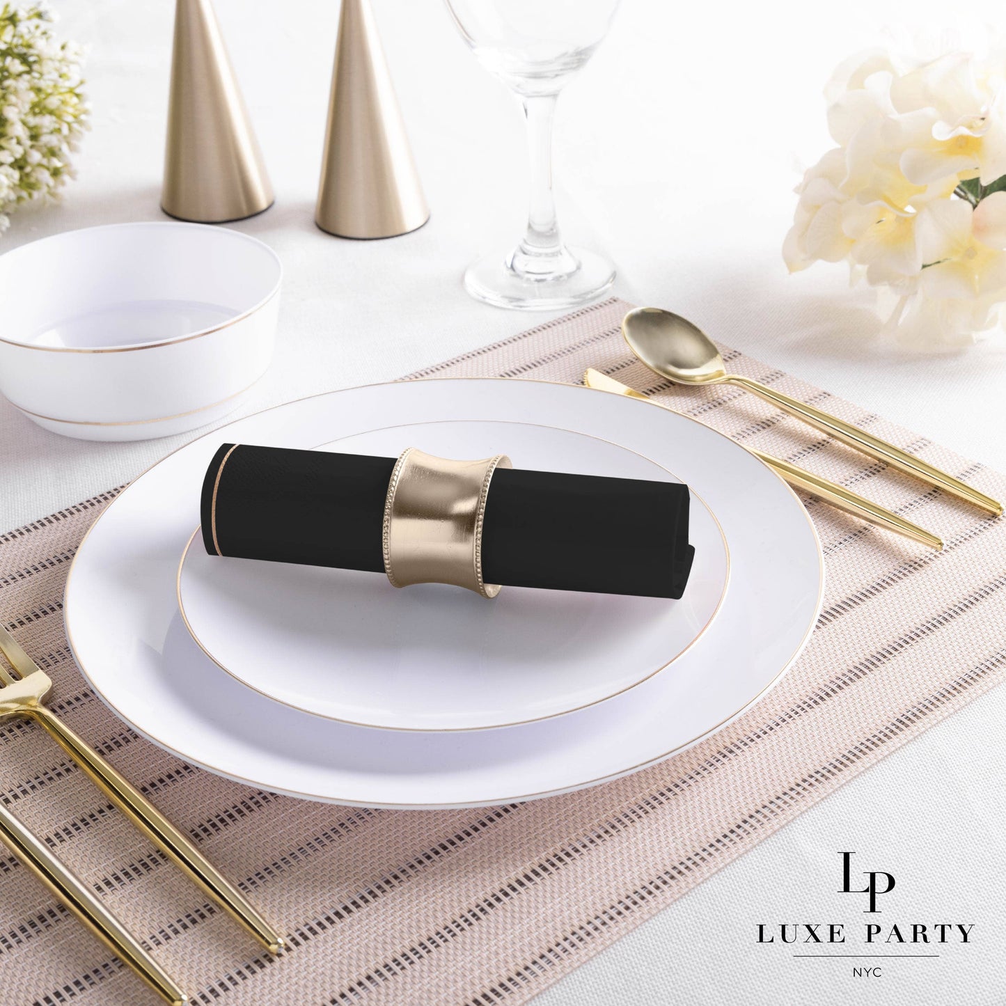 Black with Gold Stripe Lunch Napkins | 20 Napkins: 20 Lunch Napkins - 6.5" x 6.5"