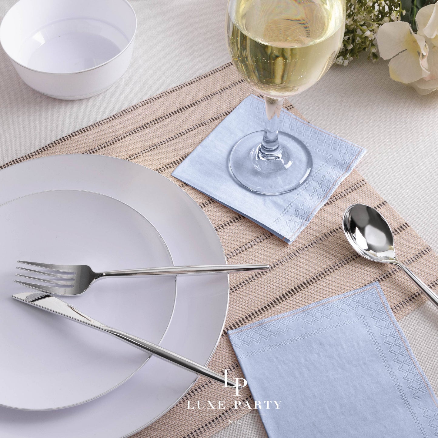 Ice Blue with Silver Stripe Paper Cocktail Napkins | 20 Napk: 20 Beverage Napkins - 5" x 5"