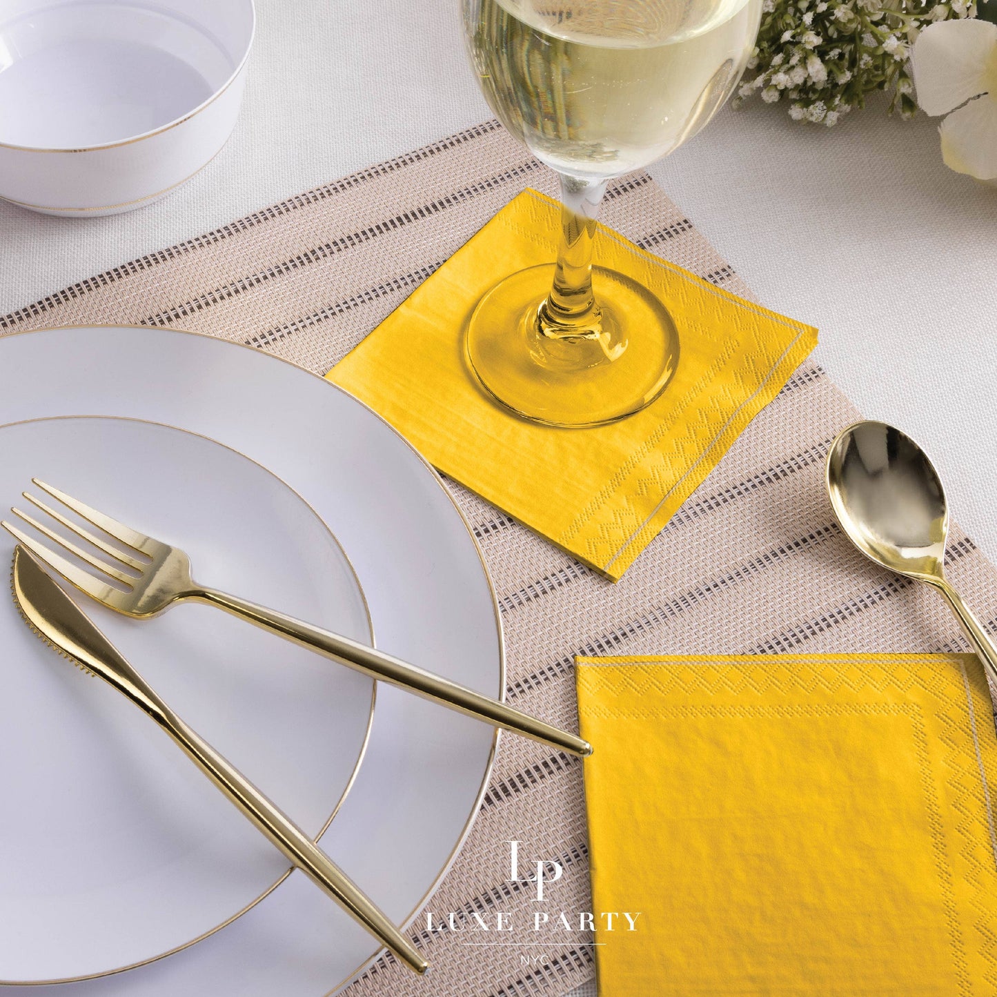 Yellow with Gold Stripe Paper Cocktail Napkins | 20 Napkins: 20 Beverage Napkins - 5" x 5"