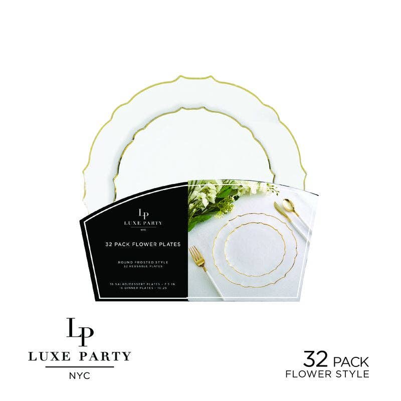 White Frosted Plate and Gold Plastic Plates Set | 32 Pack: 20 Dinner and 20 Salad Plates
