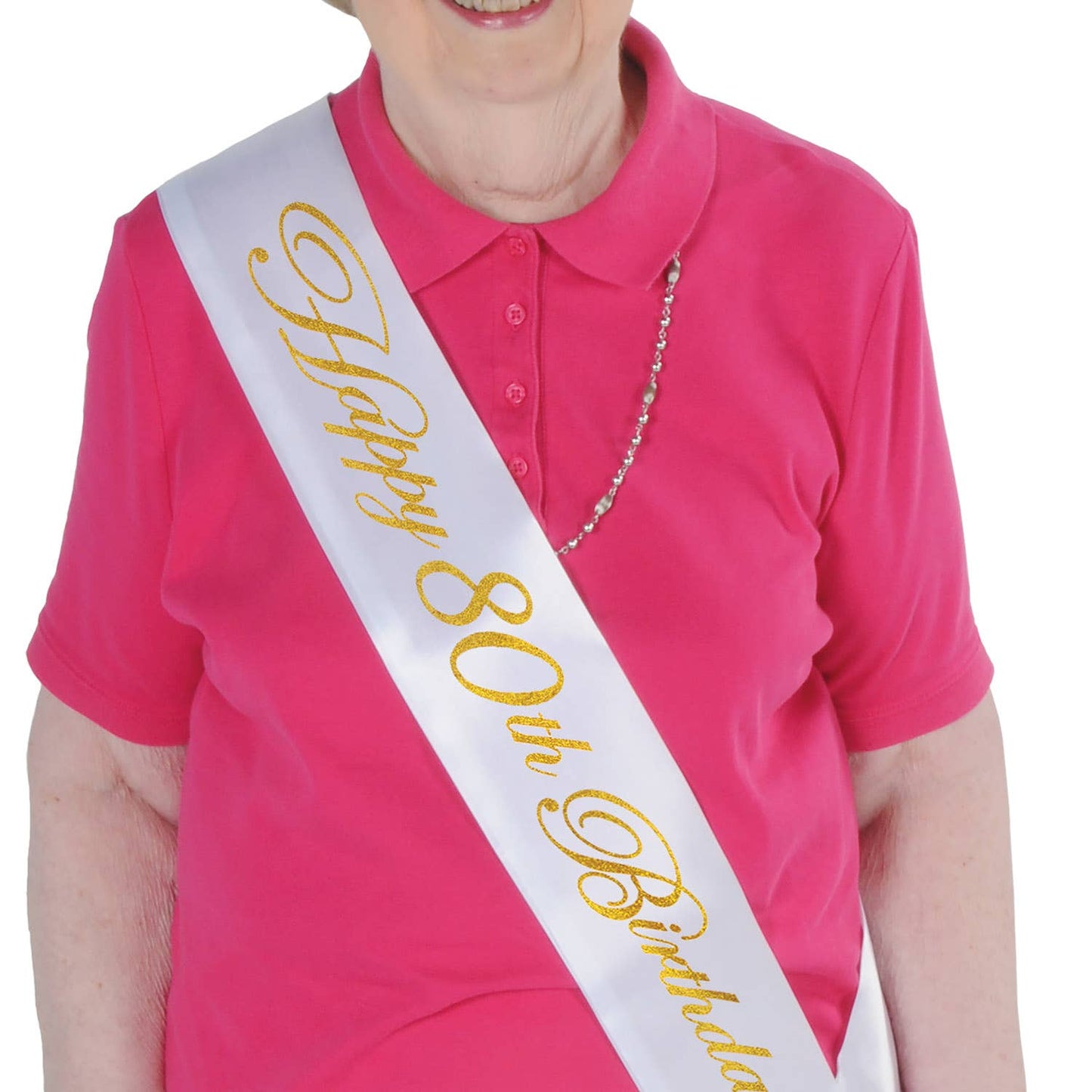 Glittered Happy 80th Birthday White Satin Sash