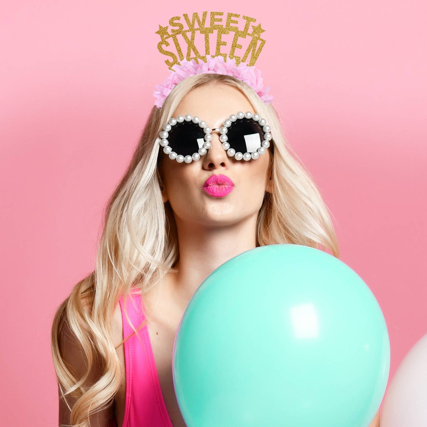 Sweet Sixteen Birthday Headband Crown: Gold/Light Pink