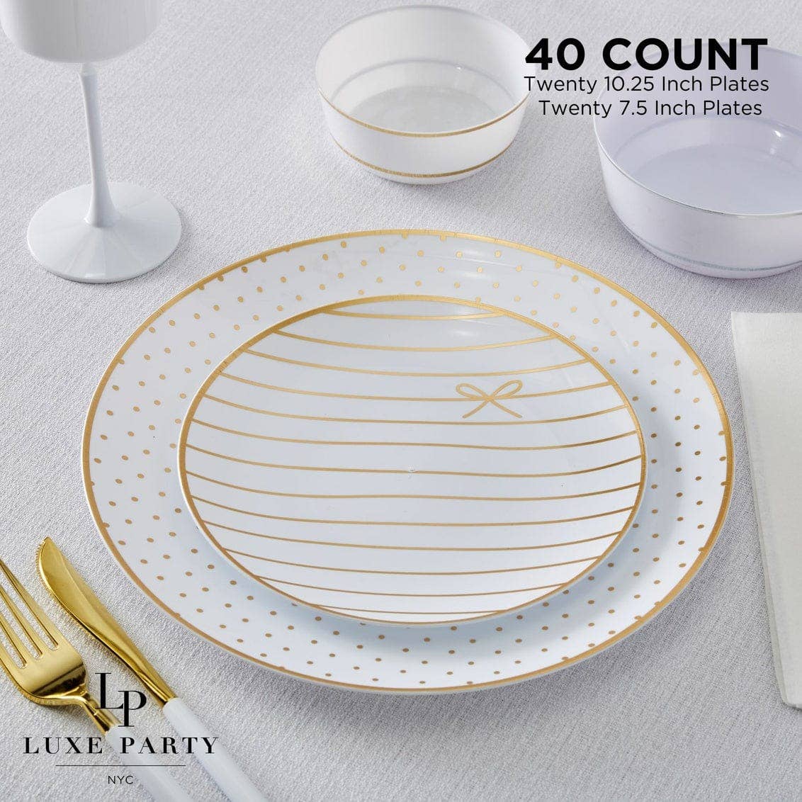 White and Gold Plastic Bow and Dot Dinner and Salad Plates | 40 Pack