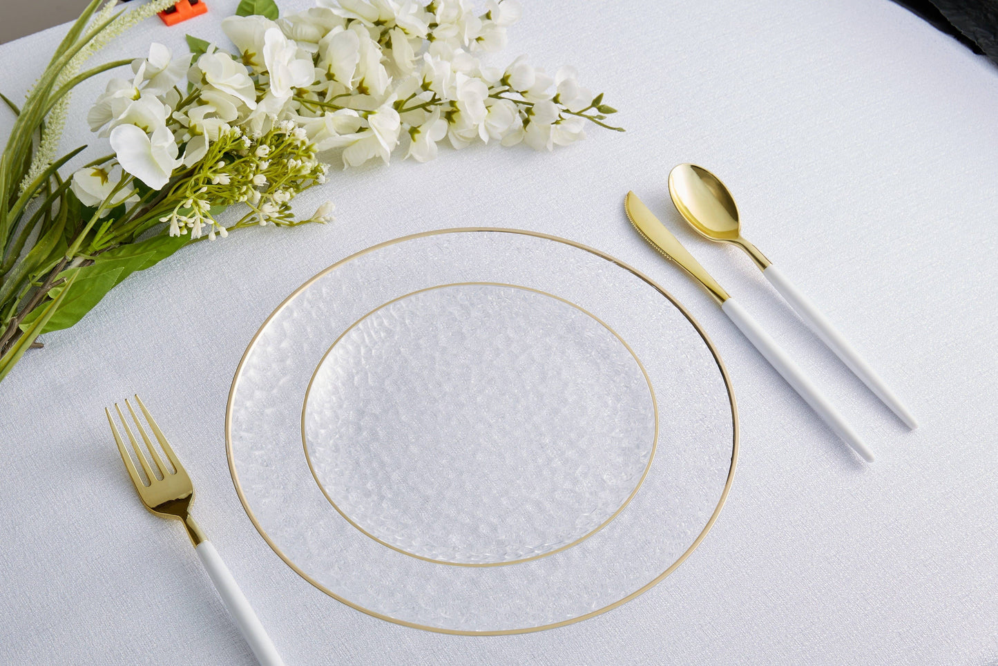 Clear Pebble Plate and Gold Plastic Plates Set | 32 Pack: 16 Dinner and 16 Salad Plates