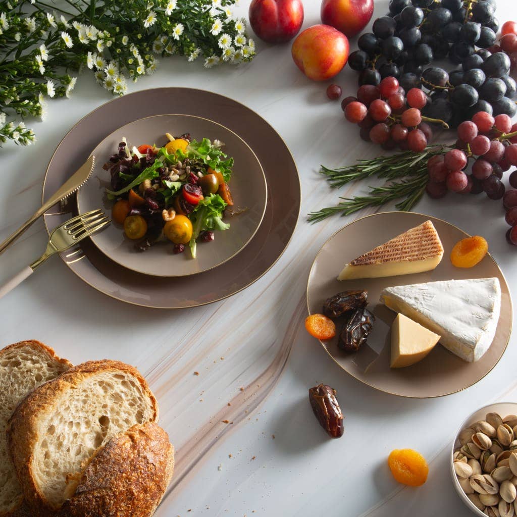 Round Taupe • Gold Plastic Plates | 10 Pack: 7.25" Appetizer Plates