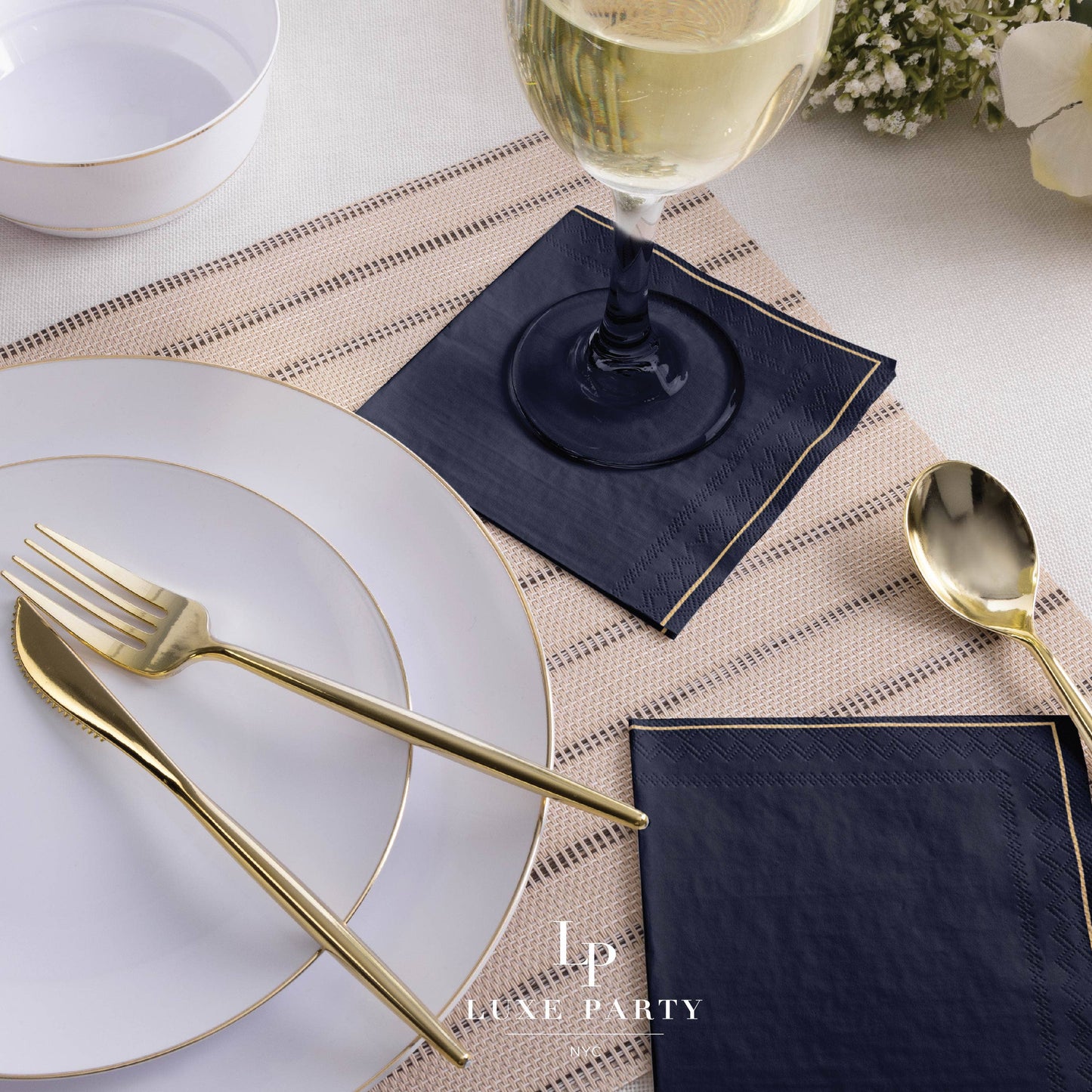 Navy with Gold Stripe Paper Cocktail Napkins | 20 Napkins: 20 Beverage Napkins - 5" x 5"