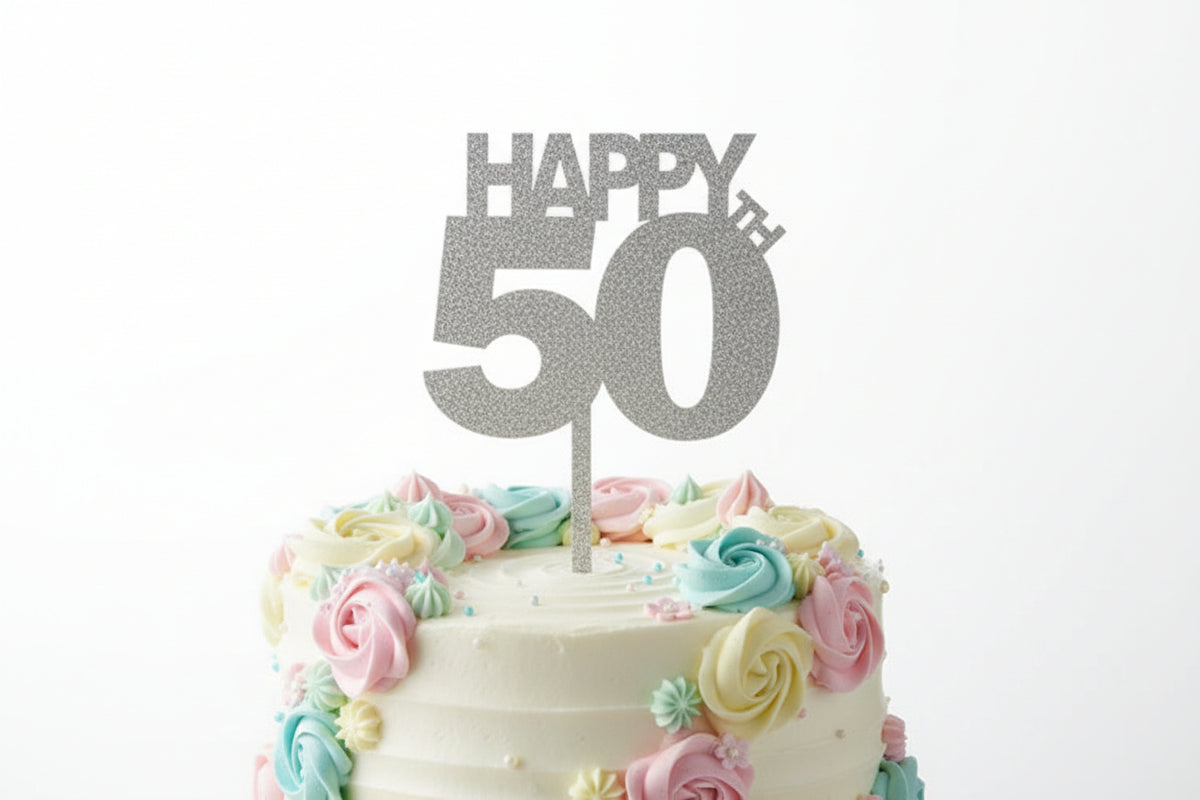 Happy 50th Cake Topper - Silver Glitter