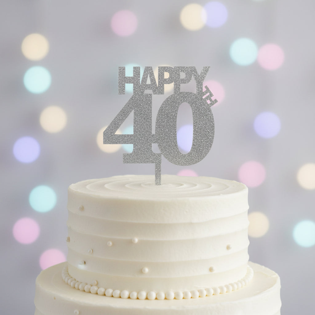Happy 40th Acrylic Cake Topper - SILVER GLITTER