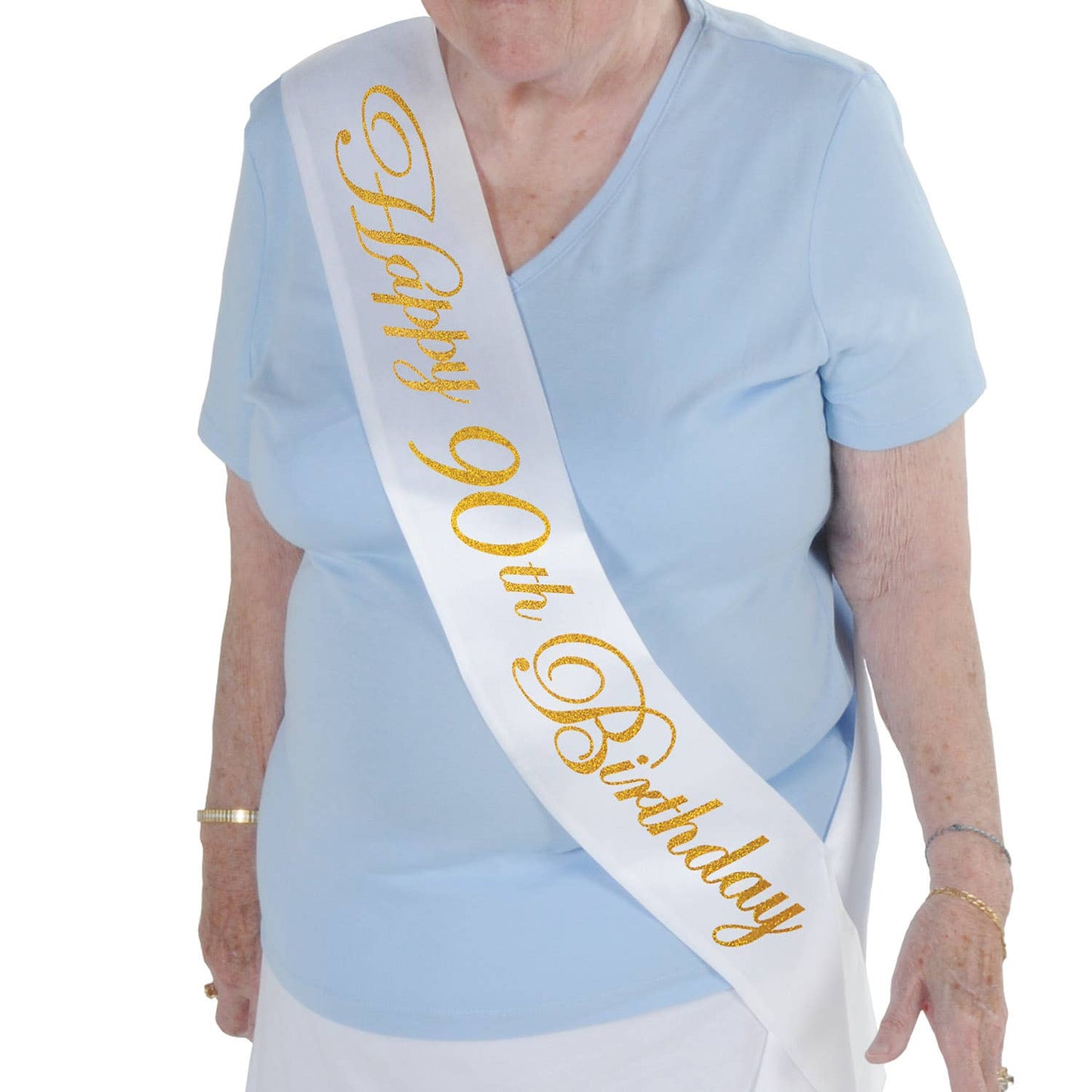 Glittered Happy 90th Birthday White Satin Sash