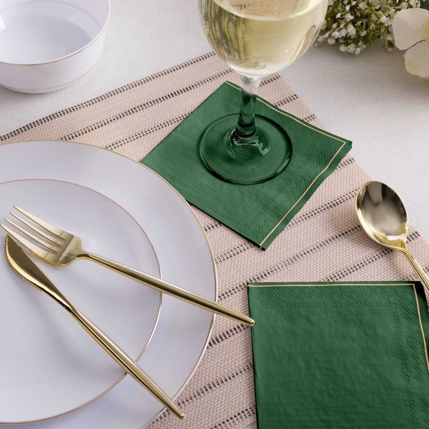 Emerald with Gold Stripe Paper Cocktail Napkins | 20 Napkins: 20 Beverage Napkins - 5" x 5"