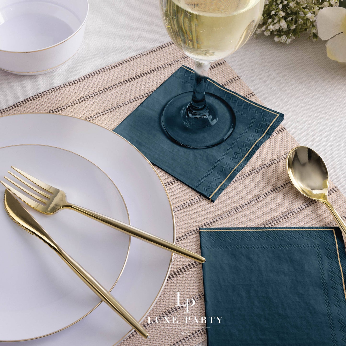 Teal with Gold Stripe Paper Cocktail Napkins | 20 Napkins: 20 Beverage Napkins - 5" x 5"