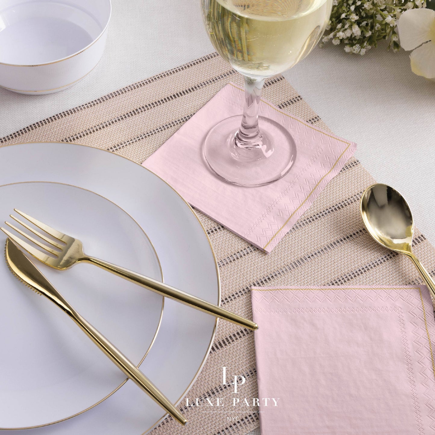 Blush with Gold Stripe Paper Cocktail Napkins | 20 Napkins: 20 Beverage Napkins - 5" x 5"