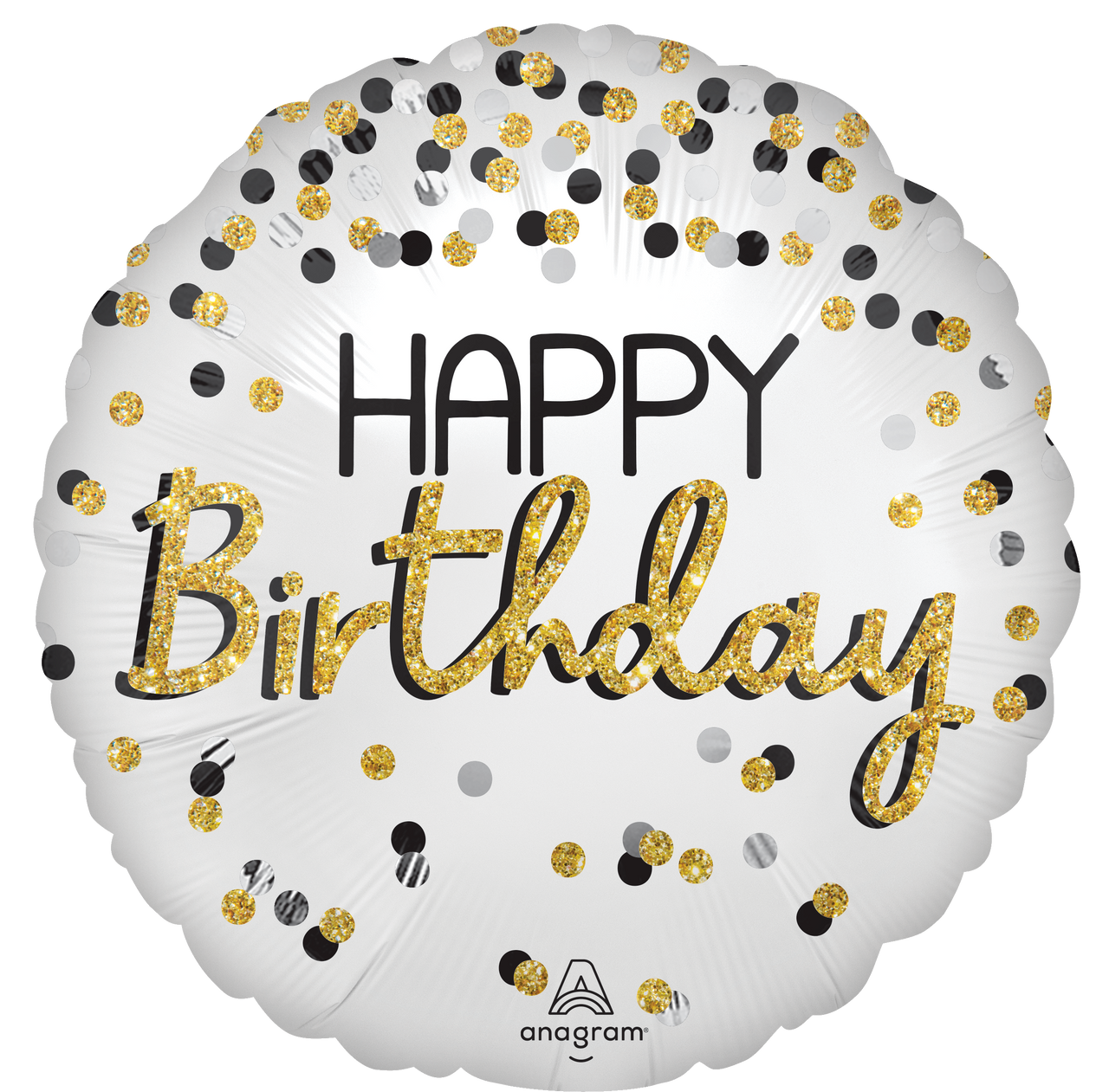 Happy Birthday Satin Black Silver Gold 18" Mylar balloon