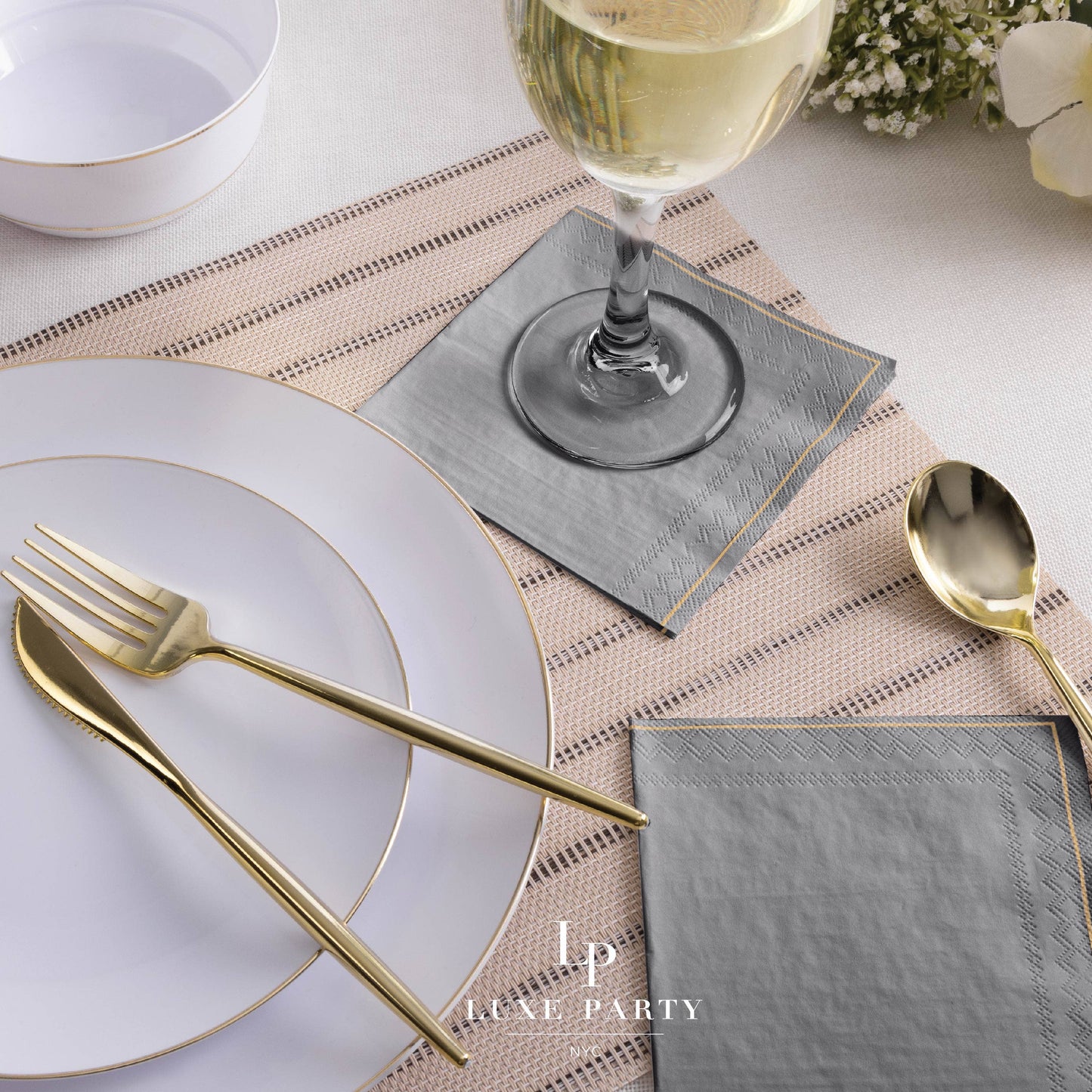 Grey with Gold Stripe Paper Cocktail Napkins | 20 Napkins: 20 Beverage Napkins - 5" x 5"