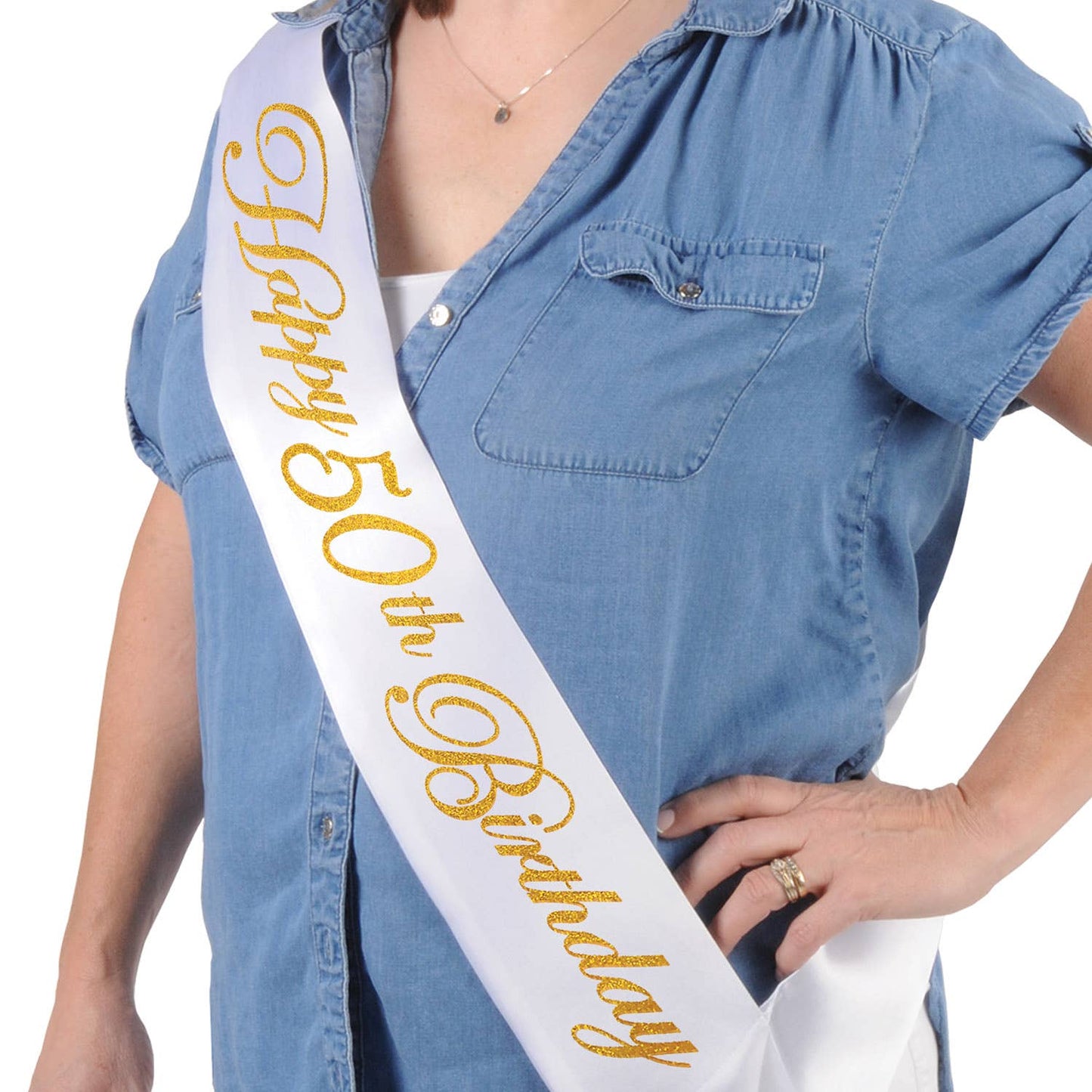 Glittered Happy 50th Birthday White Satin Sash