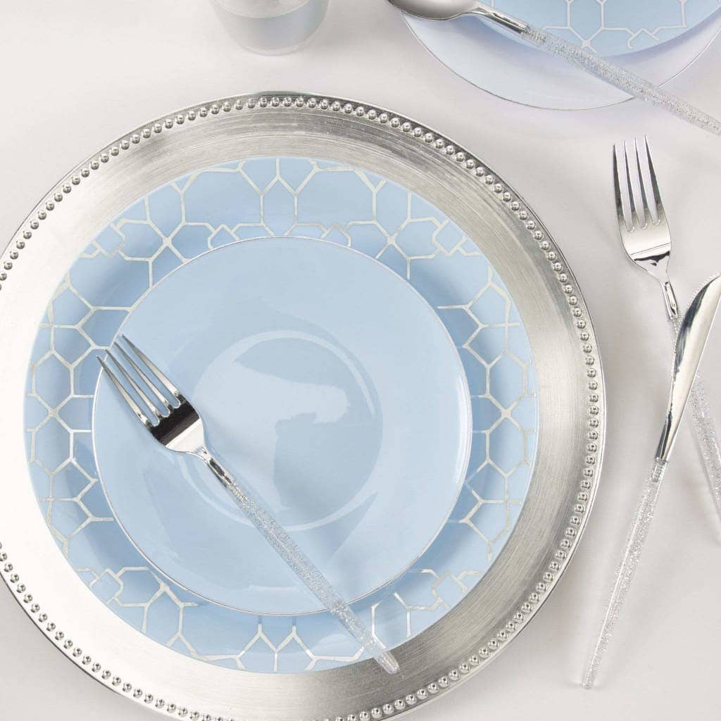 Luxe Party - Ice Blue and Silver Round Plastic Plates | 10 Pack: 10.25" Dinner Plates