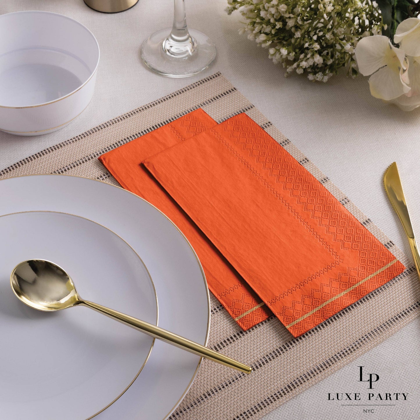 Orange with Gold Stripe Paper Napkin