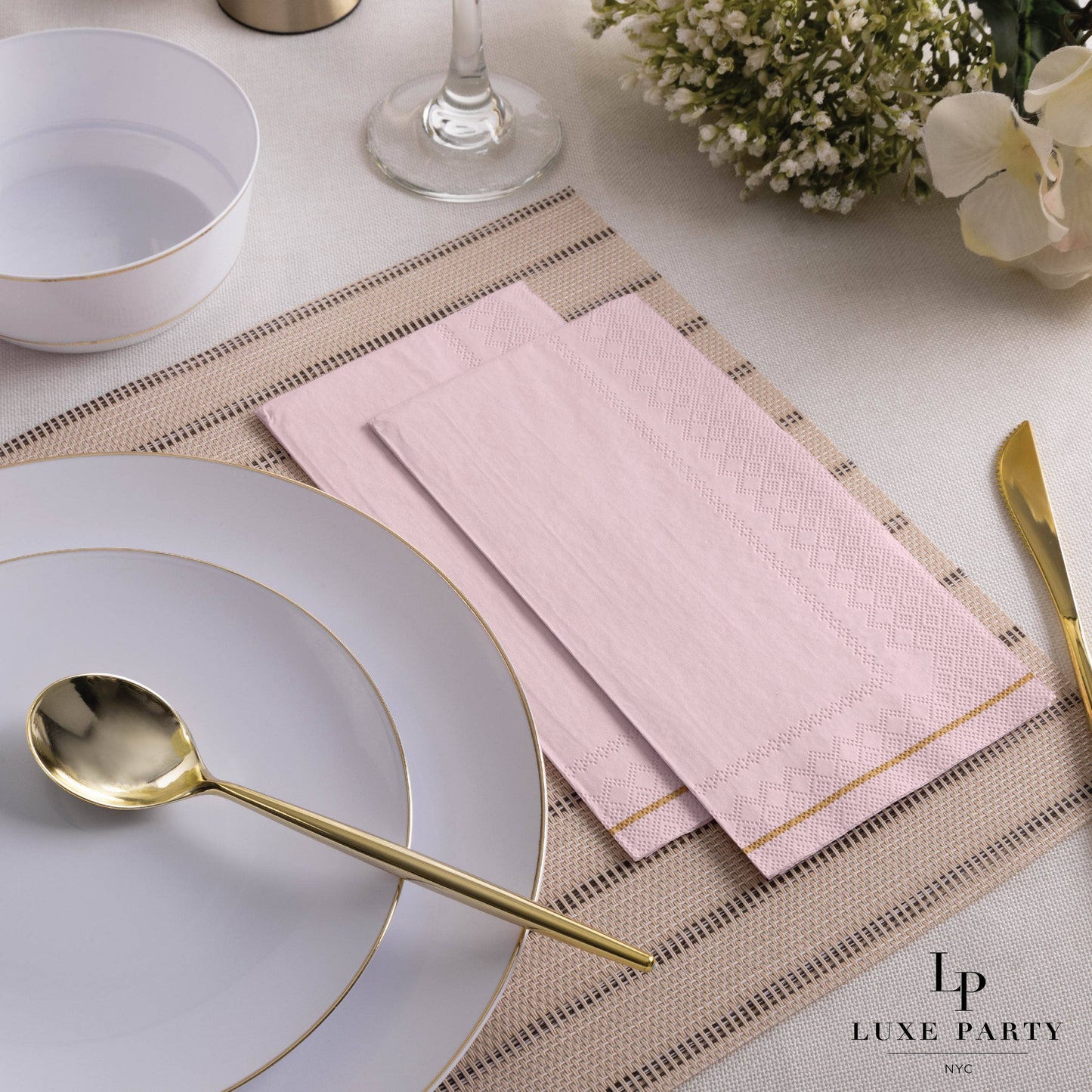 Blush with Gold Stripe Guest Paper Napkins | 16 Napkins