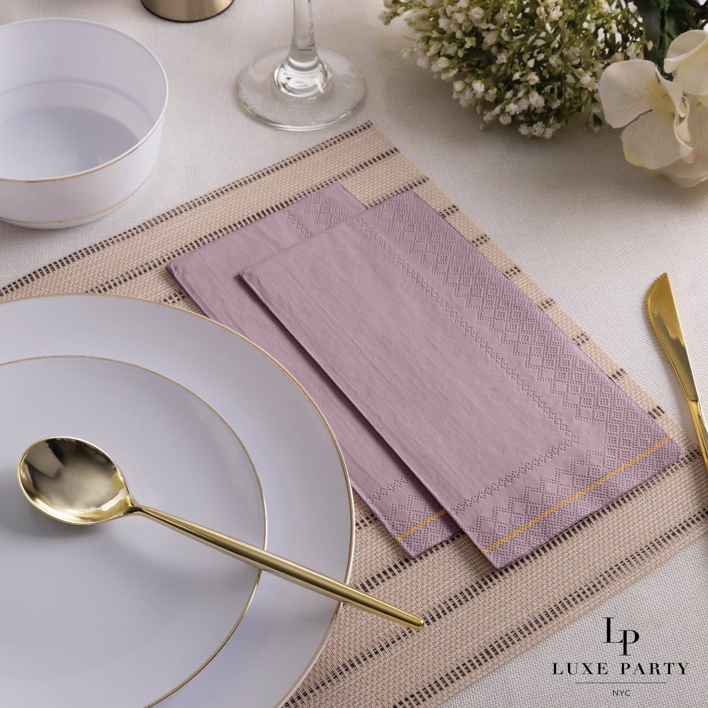 Mauve with Gold Stripe Guest Paper Napkins | 16 Napkins