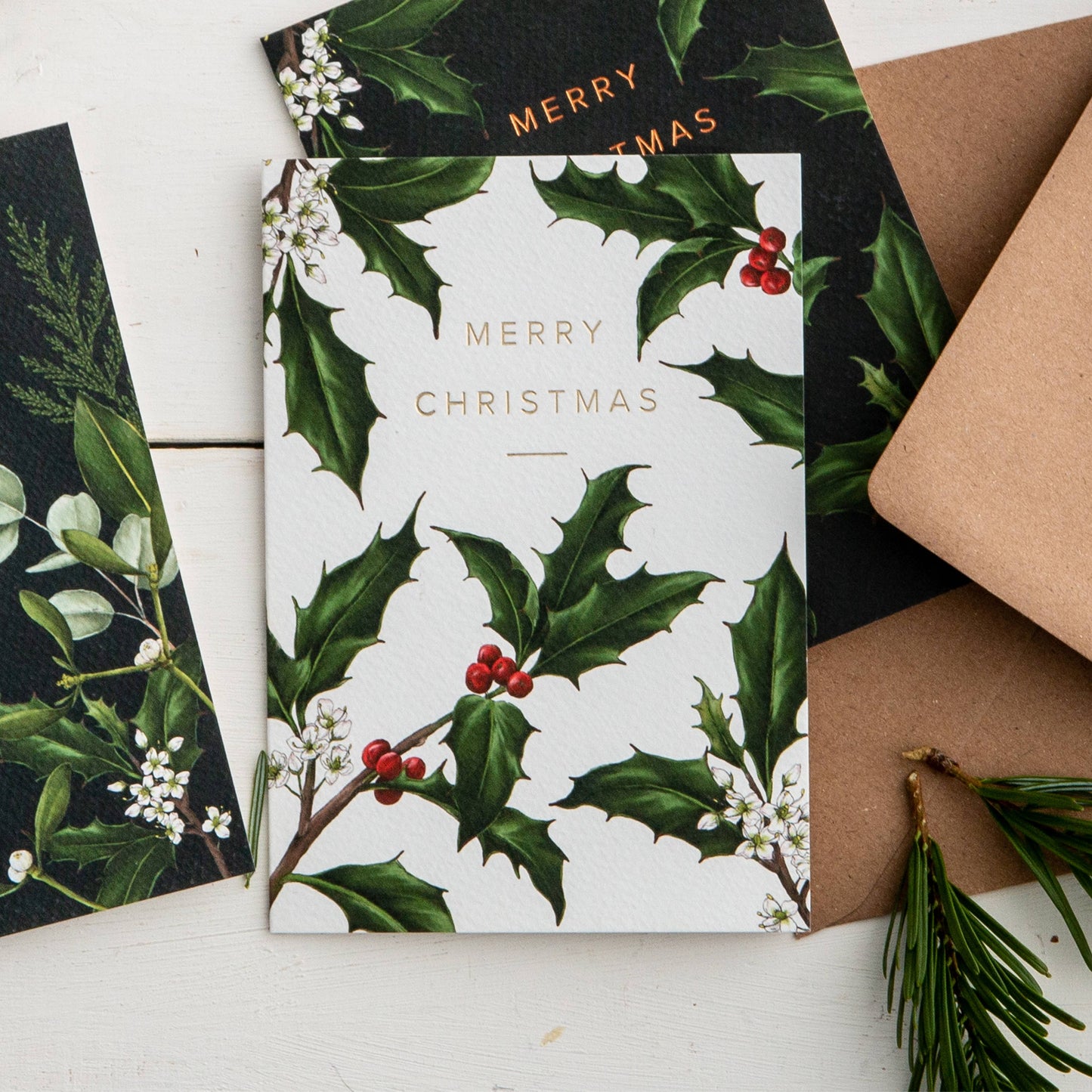 Holly Border - White - Christmas Card