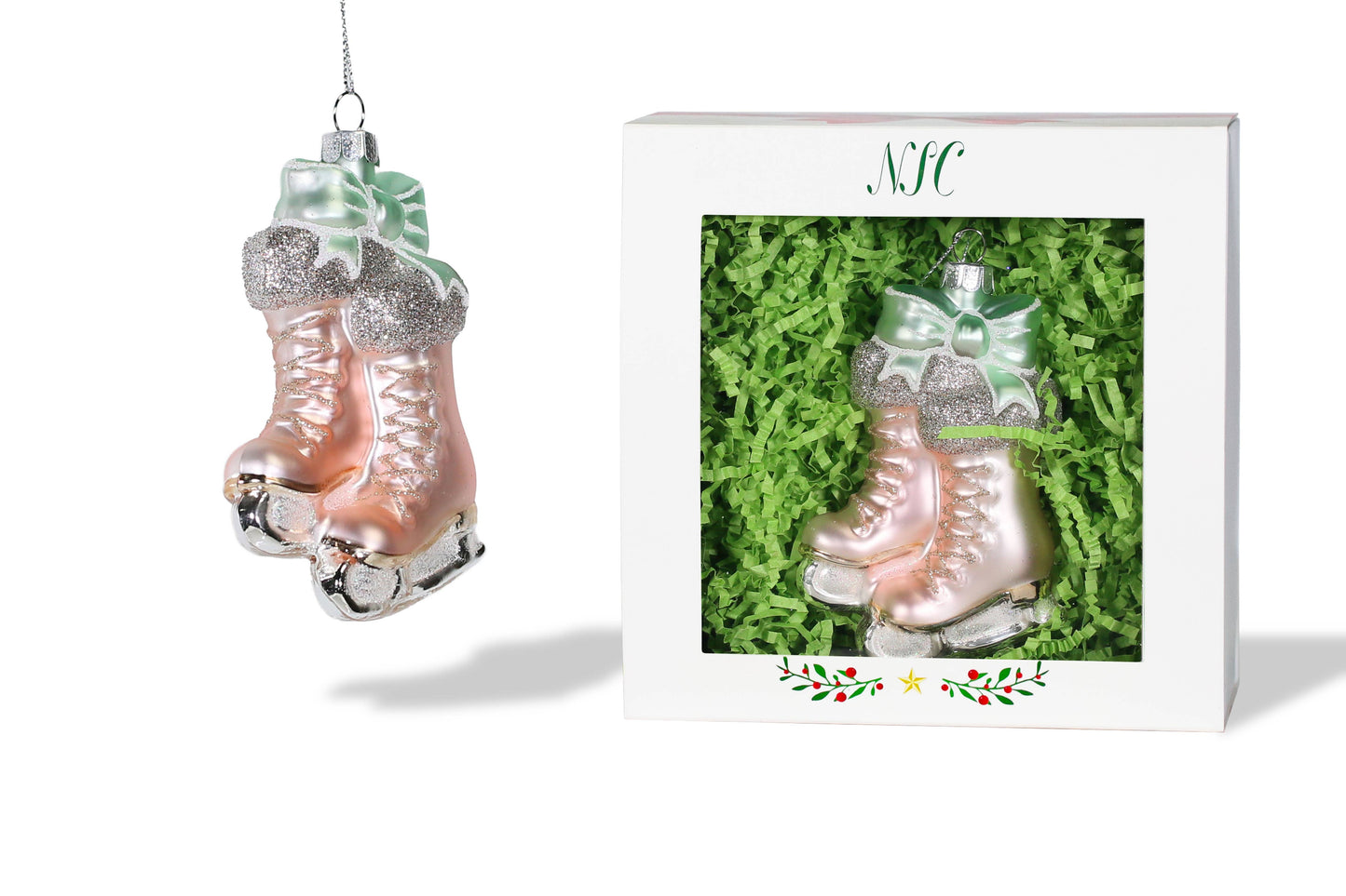 North Star Christmas | Pink Ice Skates Glass Ornament
