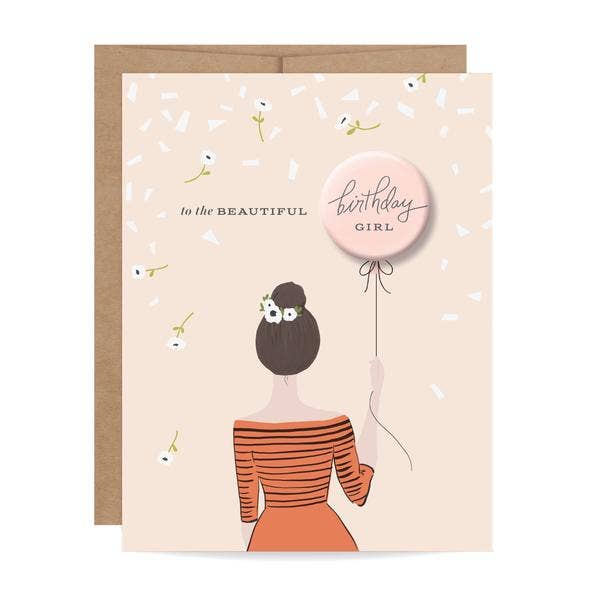 Birthday Girl Button Birthday Card- Brunette