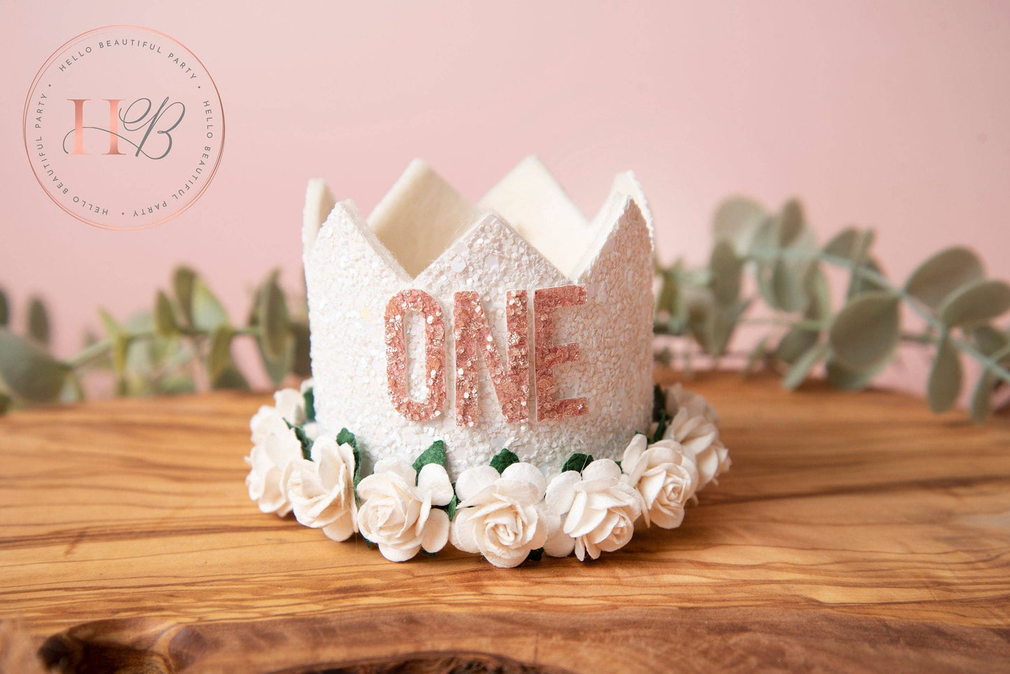 White Glitter Birthday crown- White Flowers - ONE