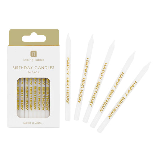 White & Gold 'Happy Birthday' Candles | 24 Pack |