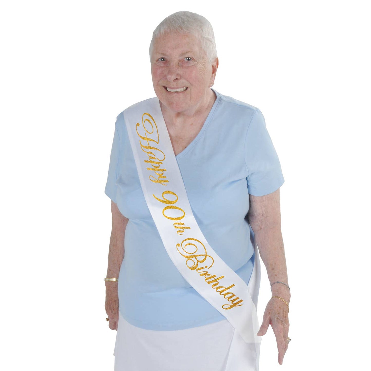Glittered Happy  90th  Birthday White Satin Sash