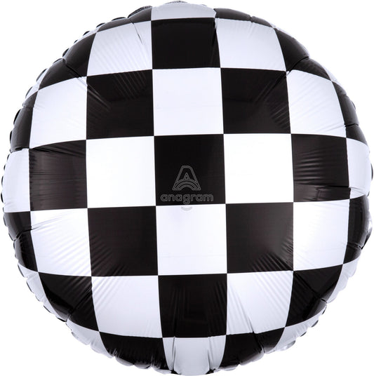 Checkered Black and White Round flat Mylar Balloon