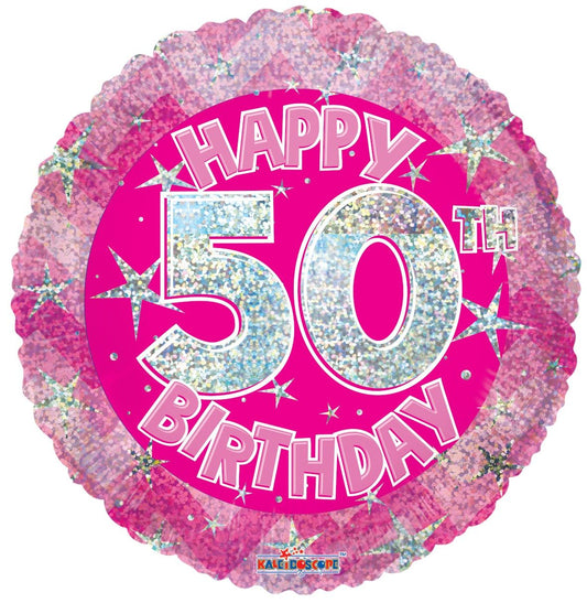 Holographic Happy 50th Birthday Pink Mylar Balloon