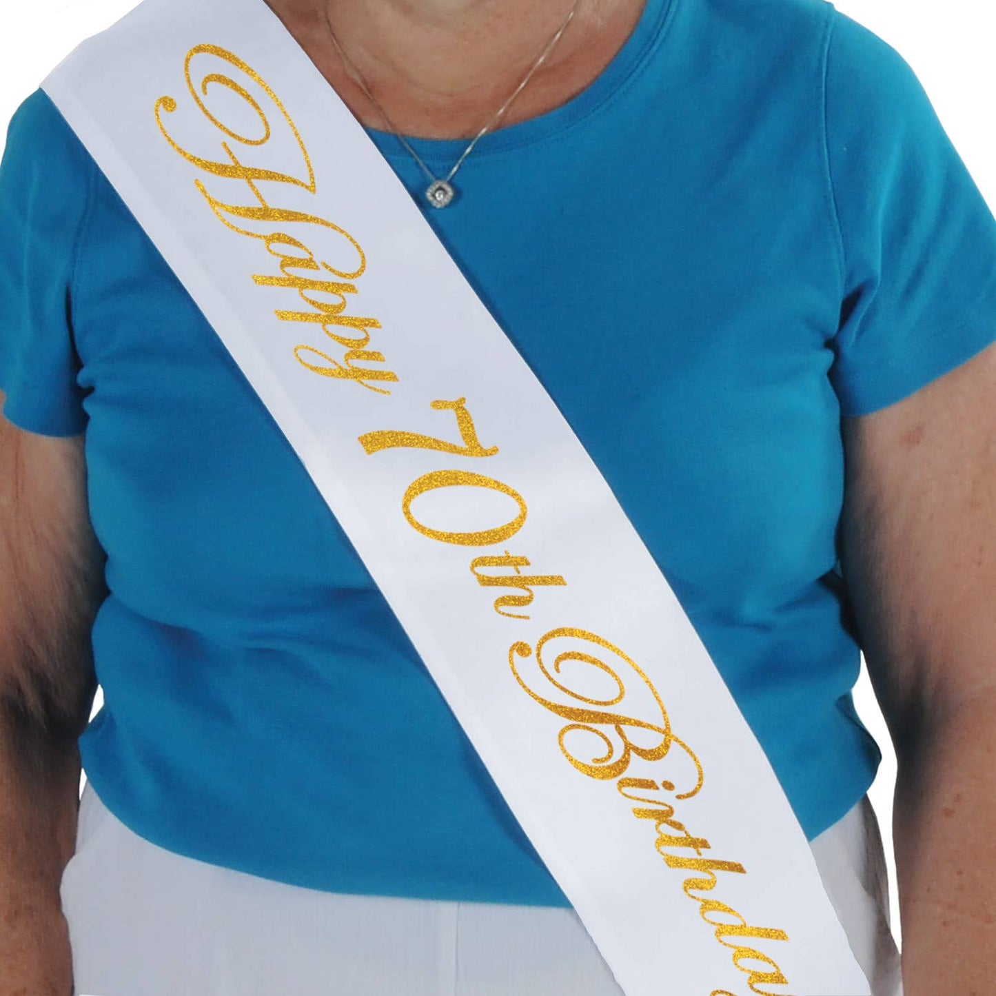 Glittered Happy  70th  Birthday White Satin Sash