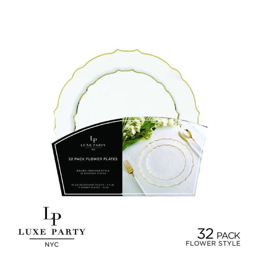 White Frosted Plate and Gold Plastic Plates Set | 32 Pack: 20 Dinner and 20 Salad Plates