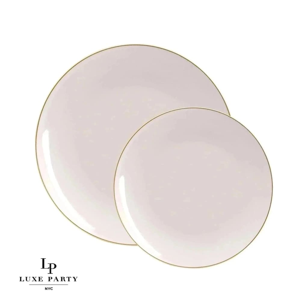 Round Linen and Gold Plastic Plates Set | 40 Pack: 20 Dinner and 20 Salad Plates