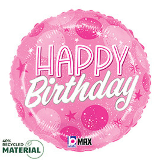 18" Happy Birthday Sparkle Pink Dots Mylar Balloon
