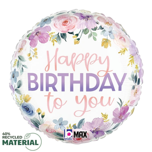 18" Happy Birthday Floral Watercolor Mylar Balloon