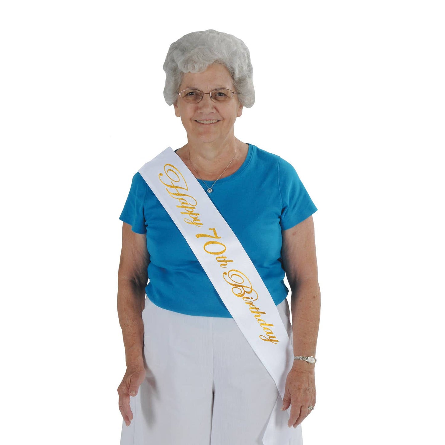 Glittered Happy  70th  Birthday White Satin Sash