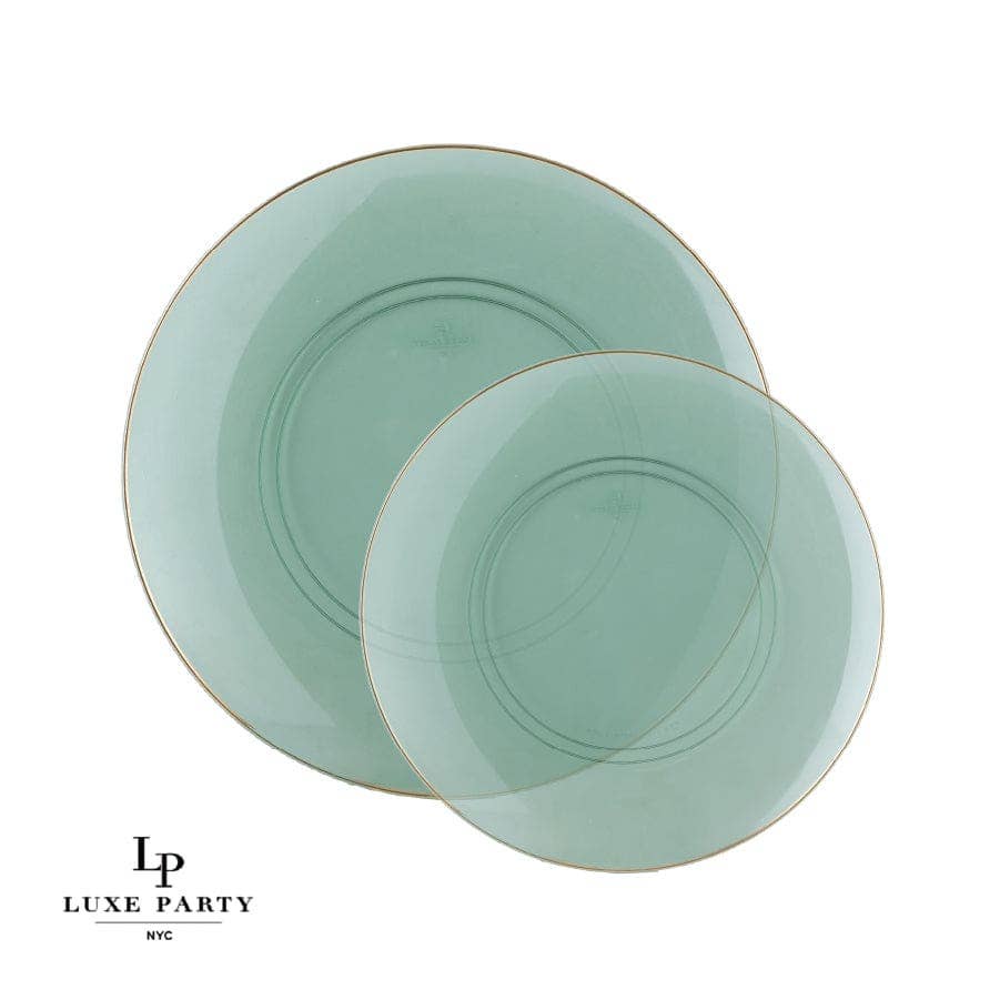 Round Green • Gold Plastic Plates | 10 Pack: 10.25" Dinner Plates