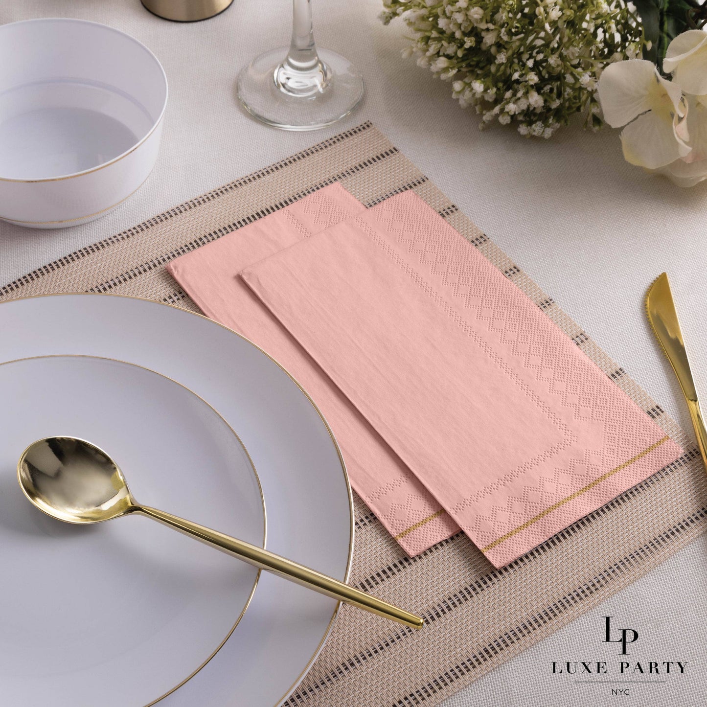 Luxe Party - Coral with Gold Stripe Guest Paper Napkins | 16 Napkins: 16 Dinner Napkins - 4.25" x 7.75"