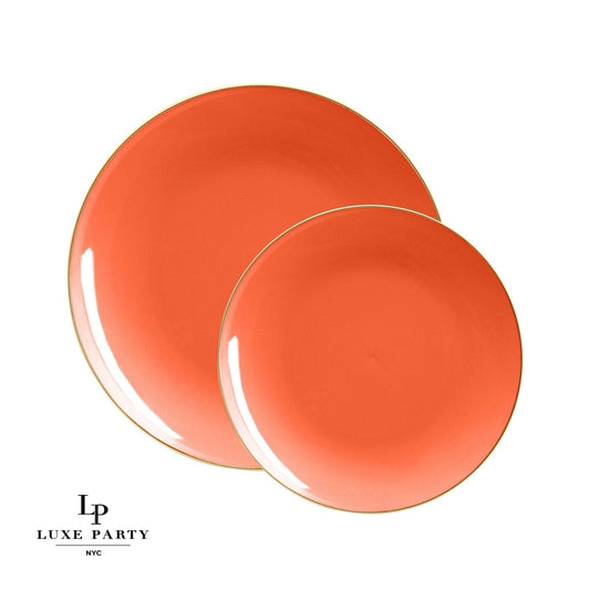 Orange • Gold Round Plastic Plates | 10 Pack: 10 Plastic Plates / 10.25" Dinner Plates