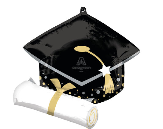 25"A Grad Cap with Diploma Black and White Mylar balloon