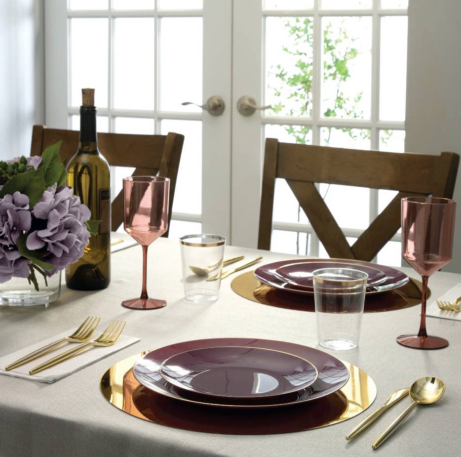 Round Purple • Gold Plastic Plates | 10 Pack: 10.25" Dinner Plates