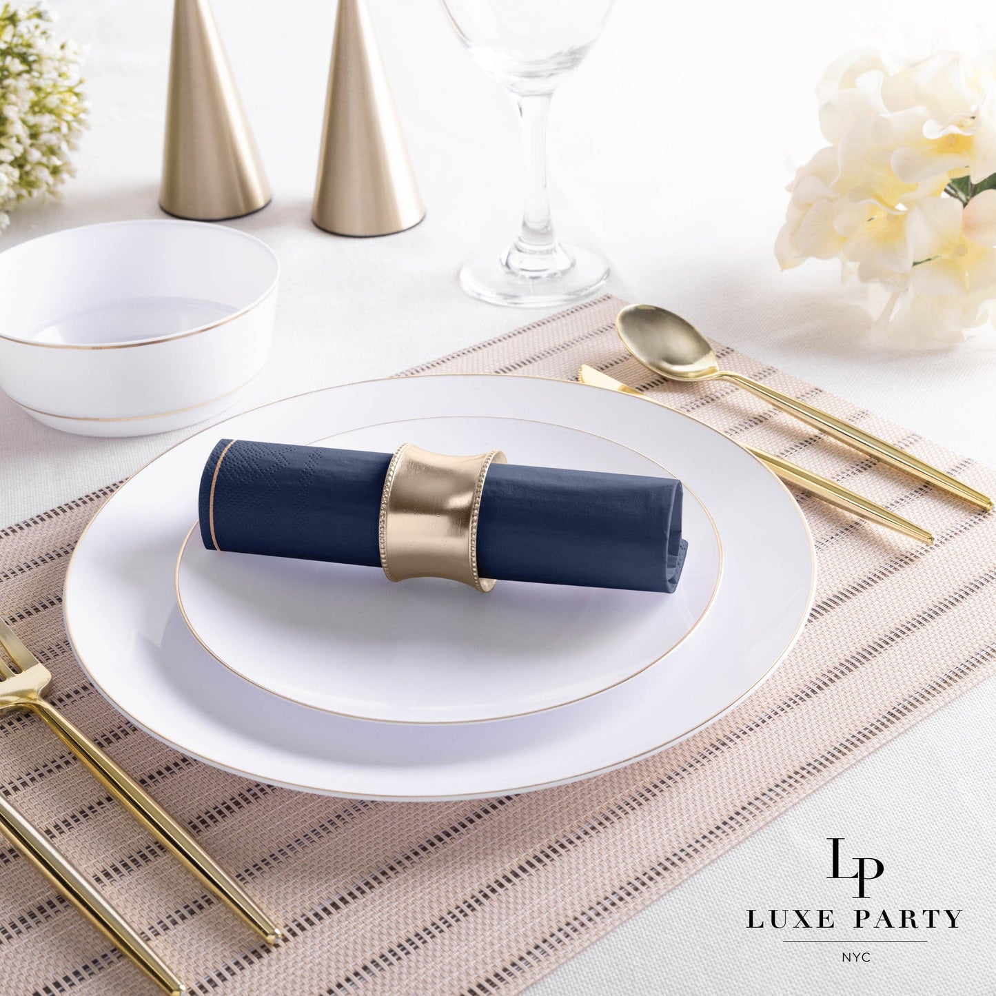 Navy with Gold Stripe Lunch Napkins | 20 Napkins: 20 Lunch Napkins - 6.5" x 6.5"