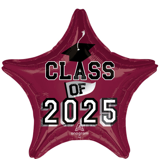 19"A Class of 2025 Burgundy Star Mylar Balloon