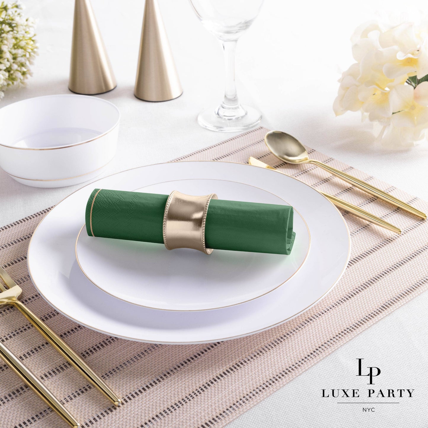 Emerald with Gold Stripe Lunch Napkins | 20 Napkins: 20 Lunch Napkins - 6.5" x 6.5"