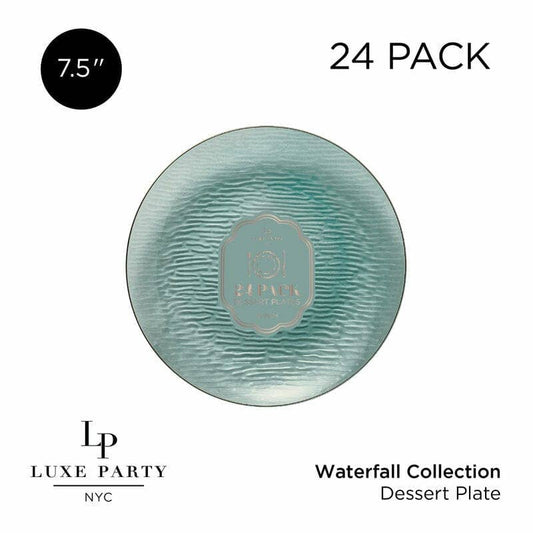 Round 7.5" Waterfall Transparent Sage and Gold Appetizer Plastic Plates | 24 Plates
