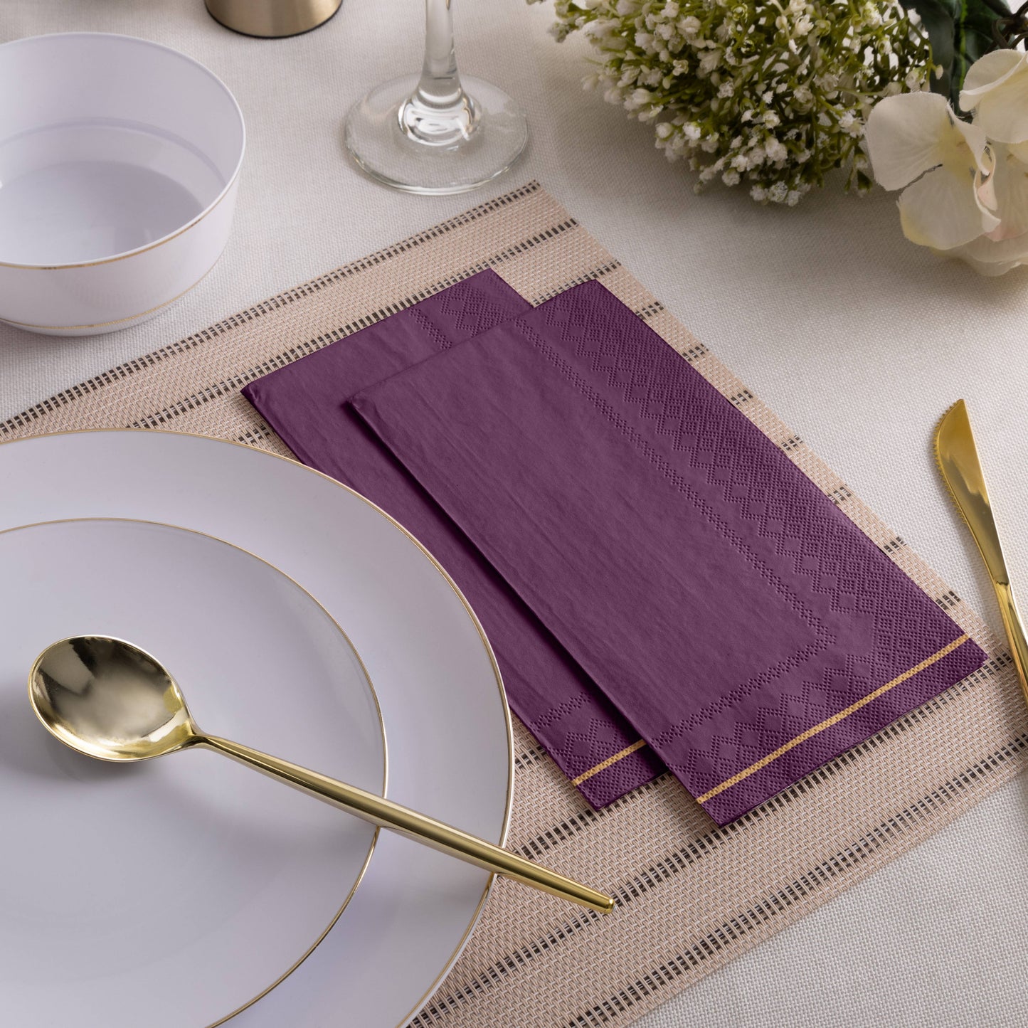 Purple with Gold Stripe Guest Paper Napkins | 16 Napkins: 16 Dinner Napkins - 4.25" x 7.75"