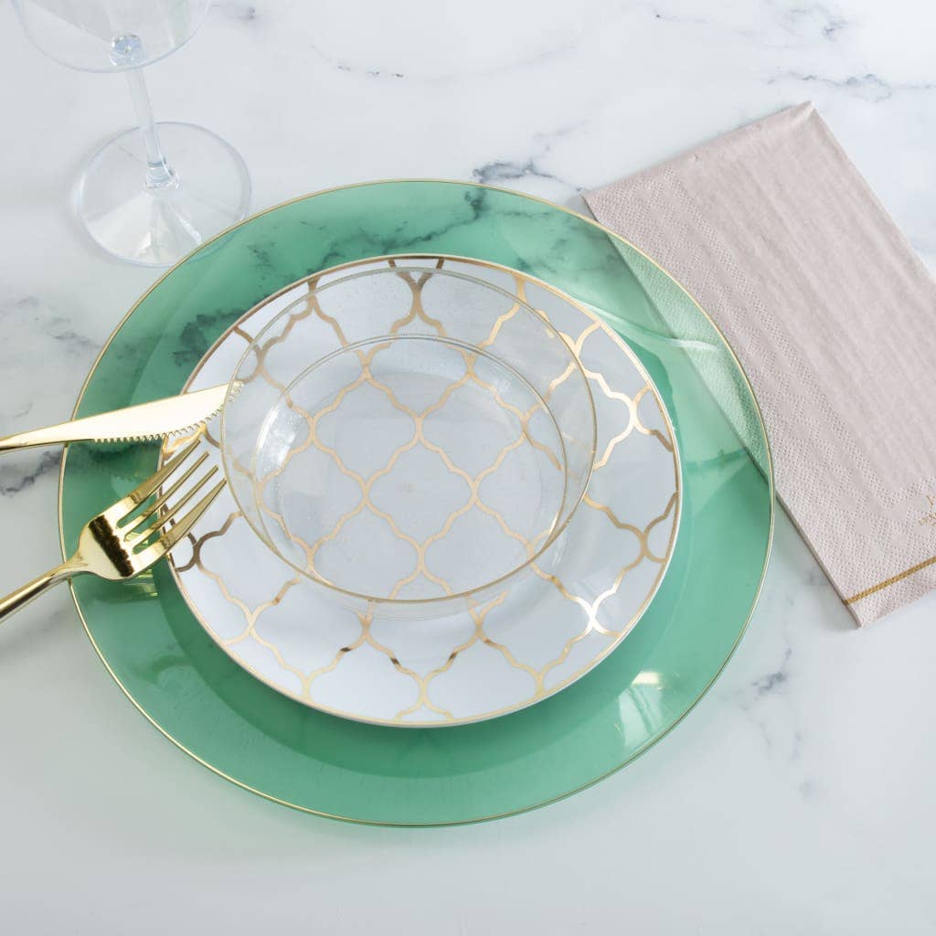 Round Green • Gold Plastic Plates | 10 Pack: 10.25" Dinner Plates