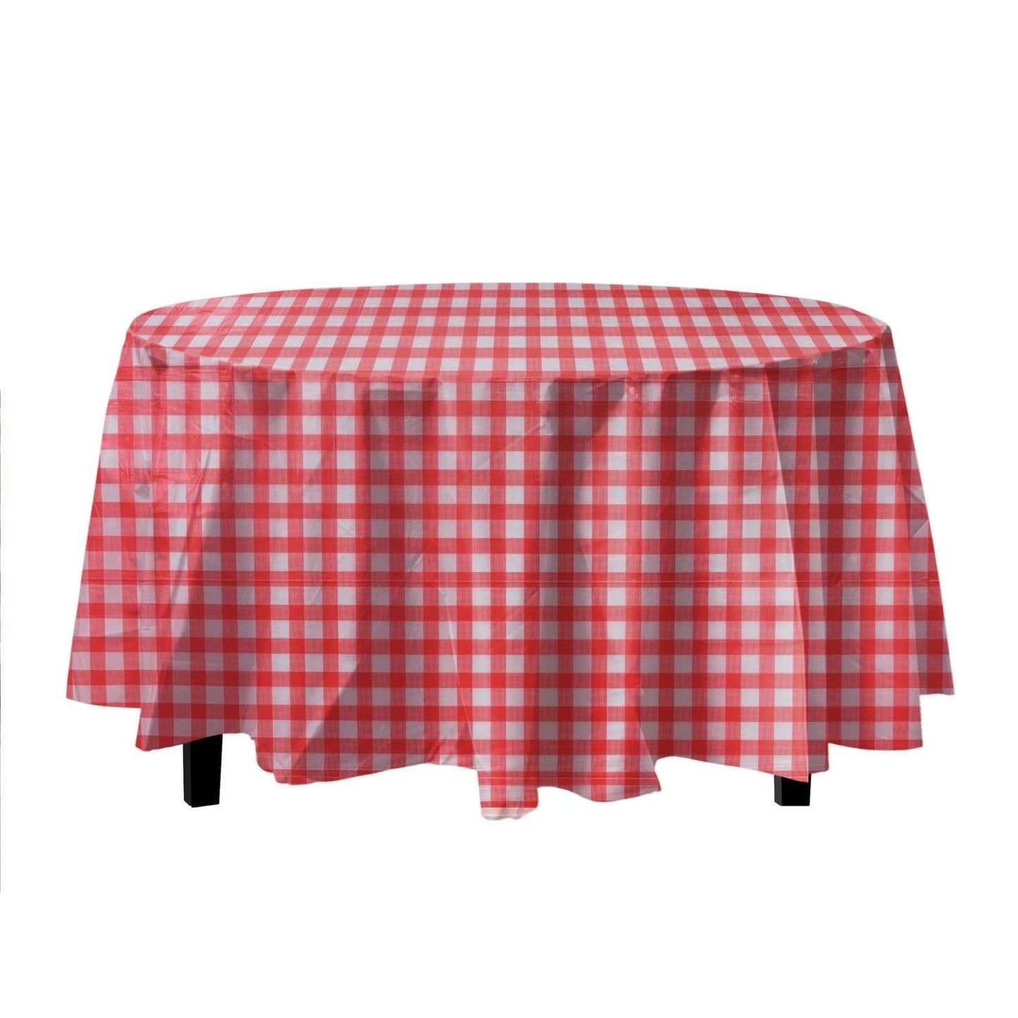 84 In. Round Red Gingham Plastic Table Cover Disposable: Red Gingham / 84 In. round