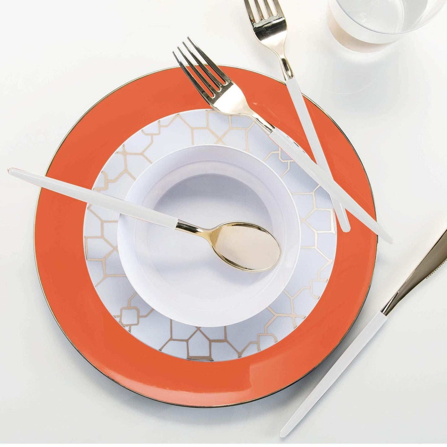 Orange • Gold Round Plastic Plates | 10 Pack: 10 Plastic Plates / 10.25" Dinner Plates